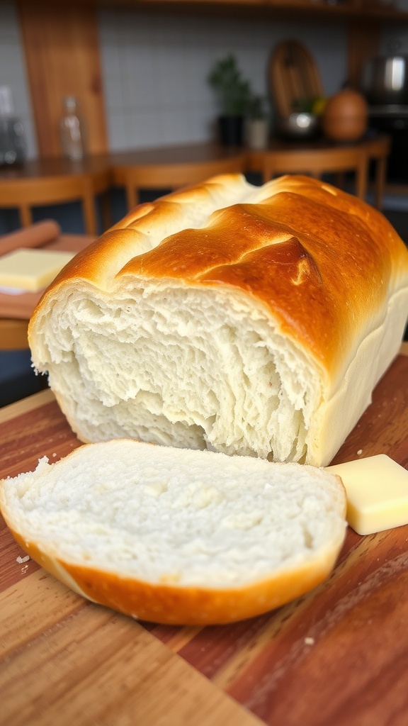 Delicious 85 Degree Bakery Style Bread Recipe A golden crusted loaf of soft bread sliced to show its fluffy interior, on a wooden board with butter.